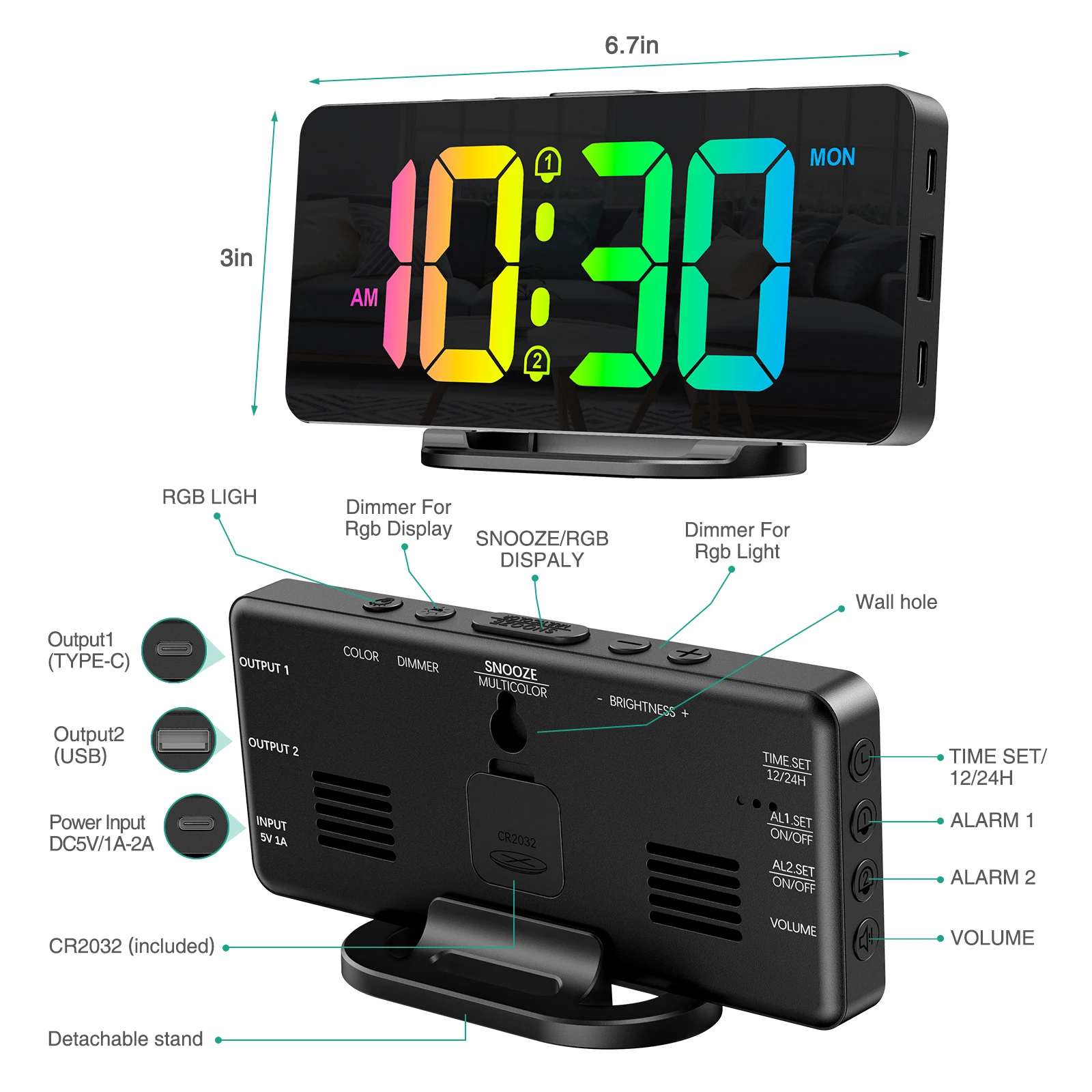 Alarm Clock Radio, 2 Alarms Jumbo LED Display Plug In