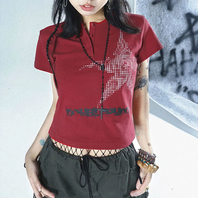 Harajuku Crop Top Japanese Style Star Pattern Round Neck Short