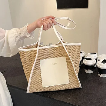 Women s Boho Style Straw Tote Bag with Patchwork Design and Spacious Interior Perfect for Beach or Everyday Use