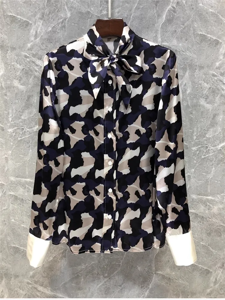 

100%Silk Blouse Shirts 2024 Spring Summer Fashion Style Women Bow Collar Abstract Prints Long Sleeve Elegant Silk Tops Female