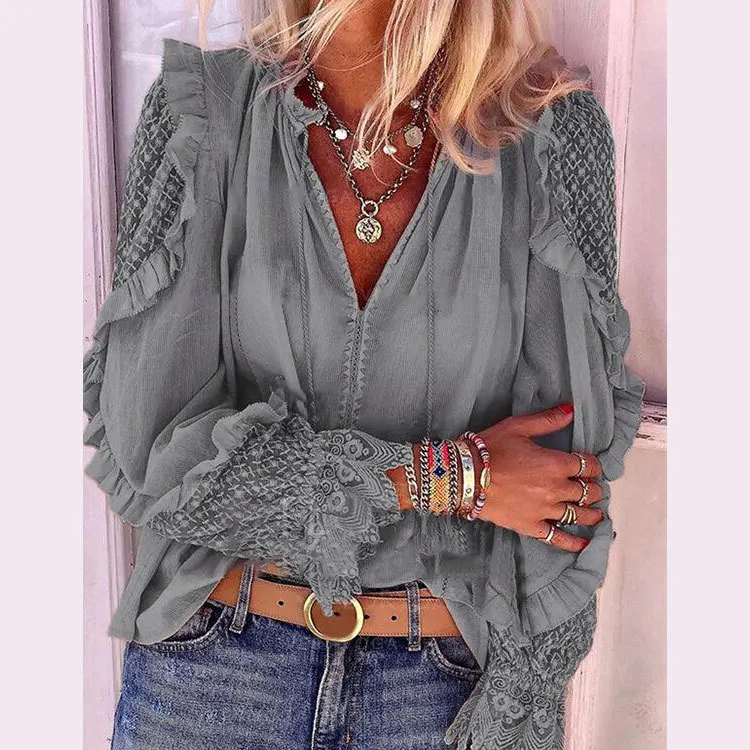 

S-3XL New Women Autumn Spring Shirt V-neck Lace Hollow Out Top Long Sleeve Casual T-shirt Ladies Fashion Solid Patchwork Shirts