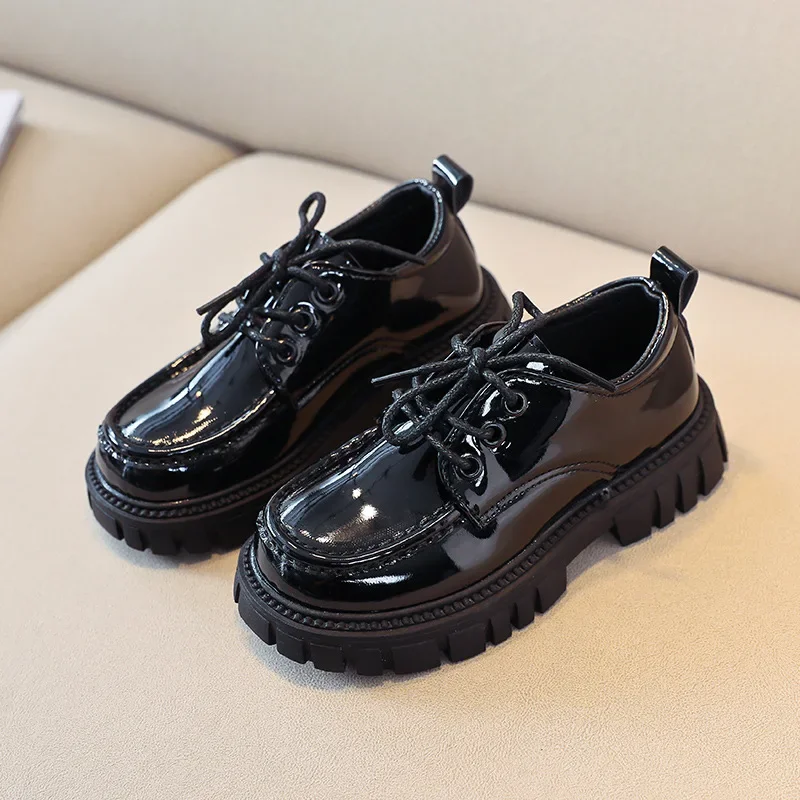 Leather Shoes Children Leather Shoes for Boys Girls Thick Sole Lace-up Kids School Leather Shoes for Wedding Party Show British Style Black