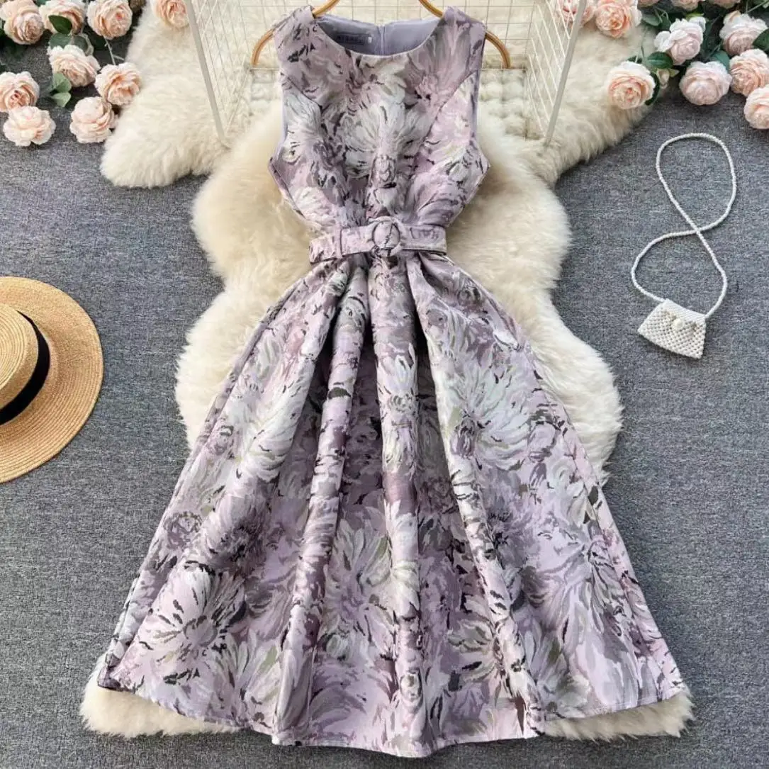 

New Fashion Women Floral Summer Sleeveless Elegant Dress Girls A Line Jacquard Party Dresses Slim Fit Midi Ball Gown Dress