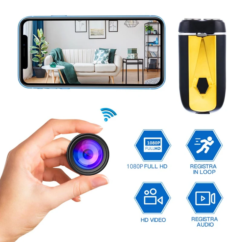 A hidden camera inside a yellow shaver with 1080P HD video, loop recording, and audio capabilities. It's the perfect James Bond gadget: hand holding the camera lens, smartphone displaying a living room scene.