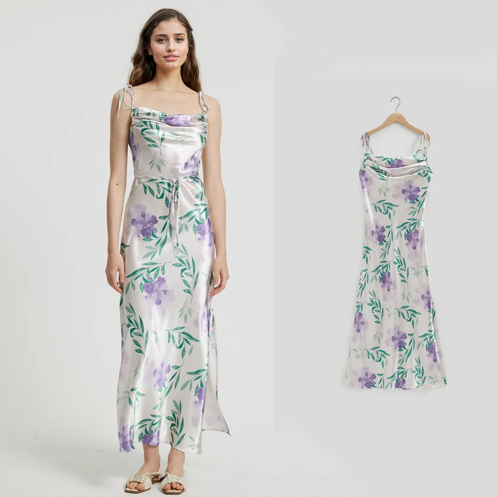 

TAOP&ZA 2024 Summer New Printed Satin Suspender Dress Strappy Backless Sexy Long Dress