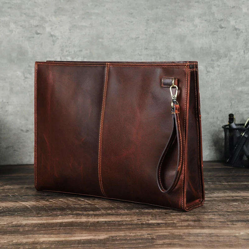 

Genuine Leather Briefcase Men Crazy Horse Cowhide Macbook Air 15 Executive Envelop Clutch Travel Handbag Business Vintage Bag