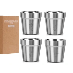 Set of 4 Reusable Double Wall Stainless Steel Cups - 175ml Durable Metal Mugs for Home and Outdoor Adventures (Set of 4 Mugs)