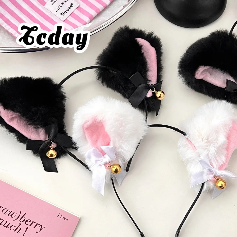 Kawaii Cat Ears Headband for Women Girls Lace Bow Necklace Plush Bell Hairband Cosplay Masquerade-Party Costume Hair Accessories