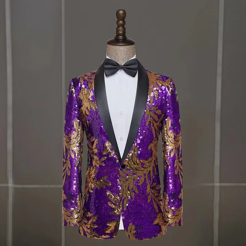Men's Choir Stage Performance Dress Long Sleeve Slim Fit Sequin Host Dress Formal Party Prom Dress (Jacket)