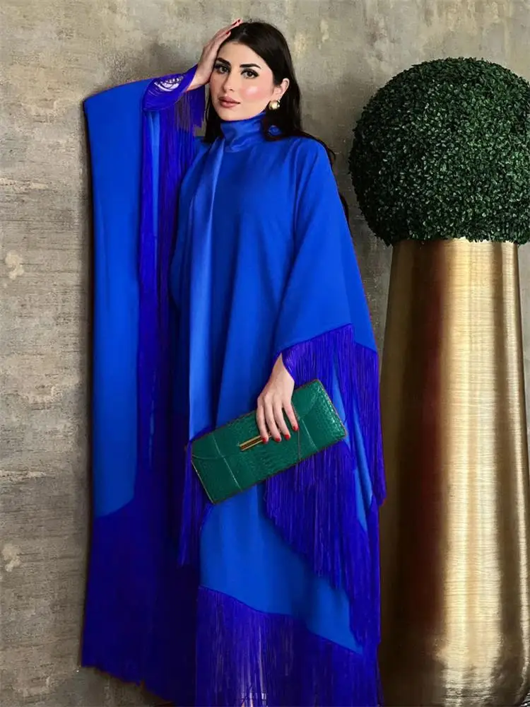 

Evening Party Gown Dubai Fashion Luxury Tassel Batwing Sleeve Solid Modest Kaftan Muslim Saudi Women Clothing Eid Casual Dresses