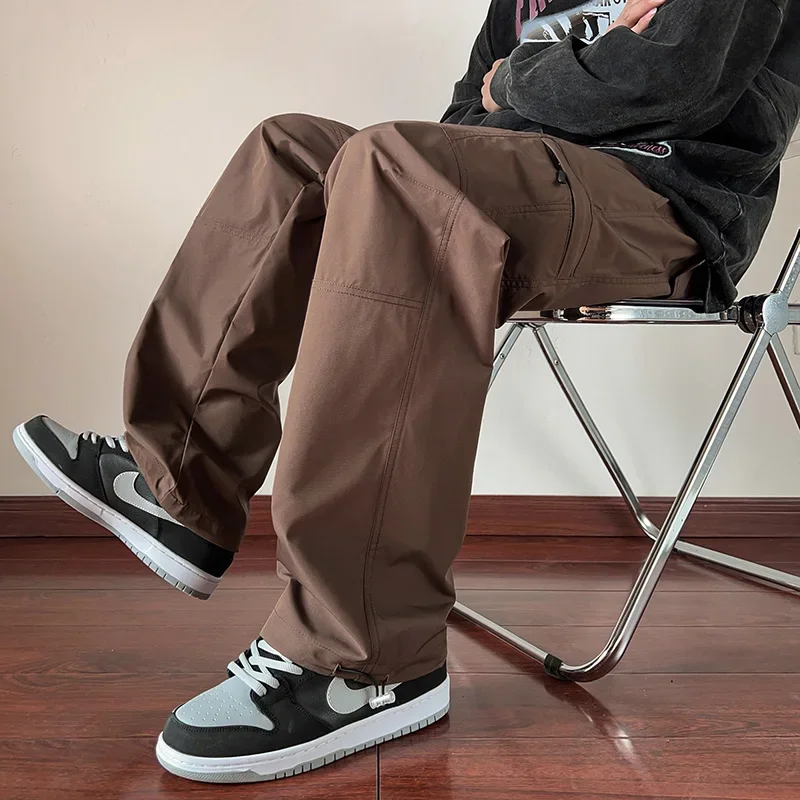 High Street Men Waterproof Casual Pants Simple Wide Leg Trousers Fashion Drawstring Joggers Sweatpants Japanese Style Streetwear