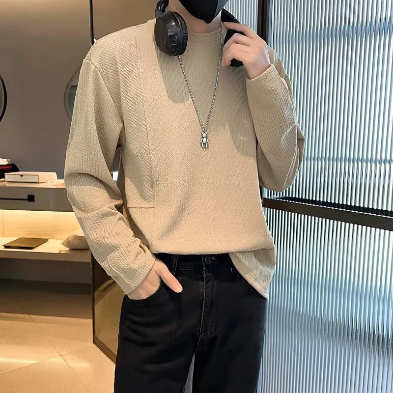 Autumn Spring Casual O Neck Long Sleeve Men Sweatshirts Chothes Fashion All-match Oversized Inside White Black Business Work Top