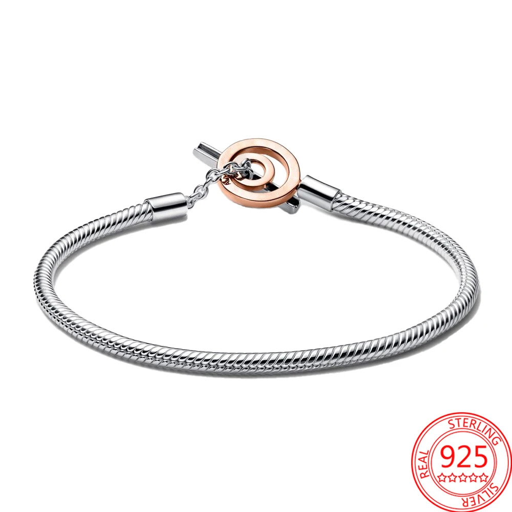 Authentic Three Style Round Rose Gold Signature Two-tone Logo T-Bar Snake Chain Bracelet Fit Original Charm Women Jewelry Gift