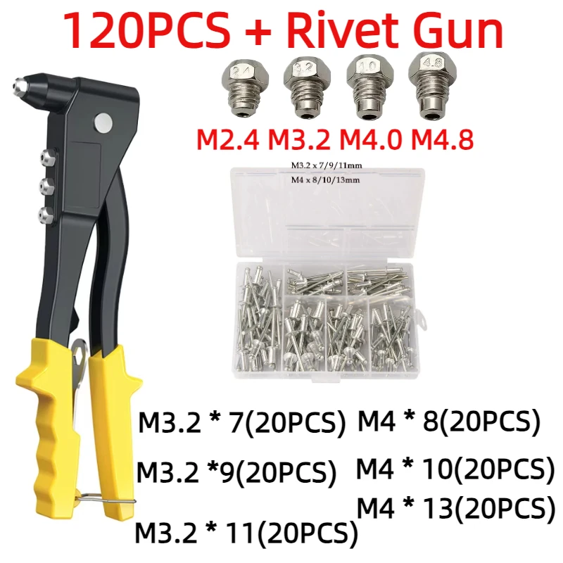 Heavy Duty Riveter Pop Rivet Gun Tools and 120Pcs Blind Rivets Nuts Set Manual Riveter Assortment Kit Hand Rivet Nut Tool rivet gun rivet nut tool rivet gun set rivet gun part rivet nuts set pop rivets