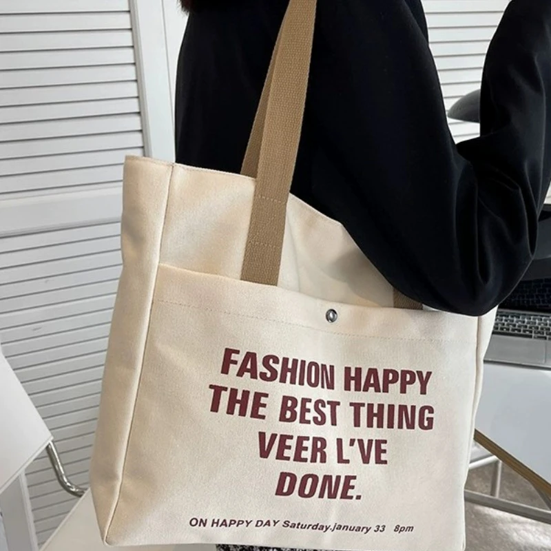 Letter Print Shopping Canvas Bag Large Capacity Casual Lightweight Handbag Women Shoulder Bag, Back To School Campus Schoolbag