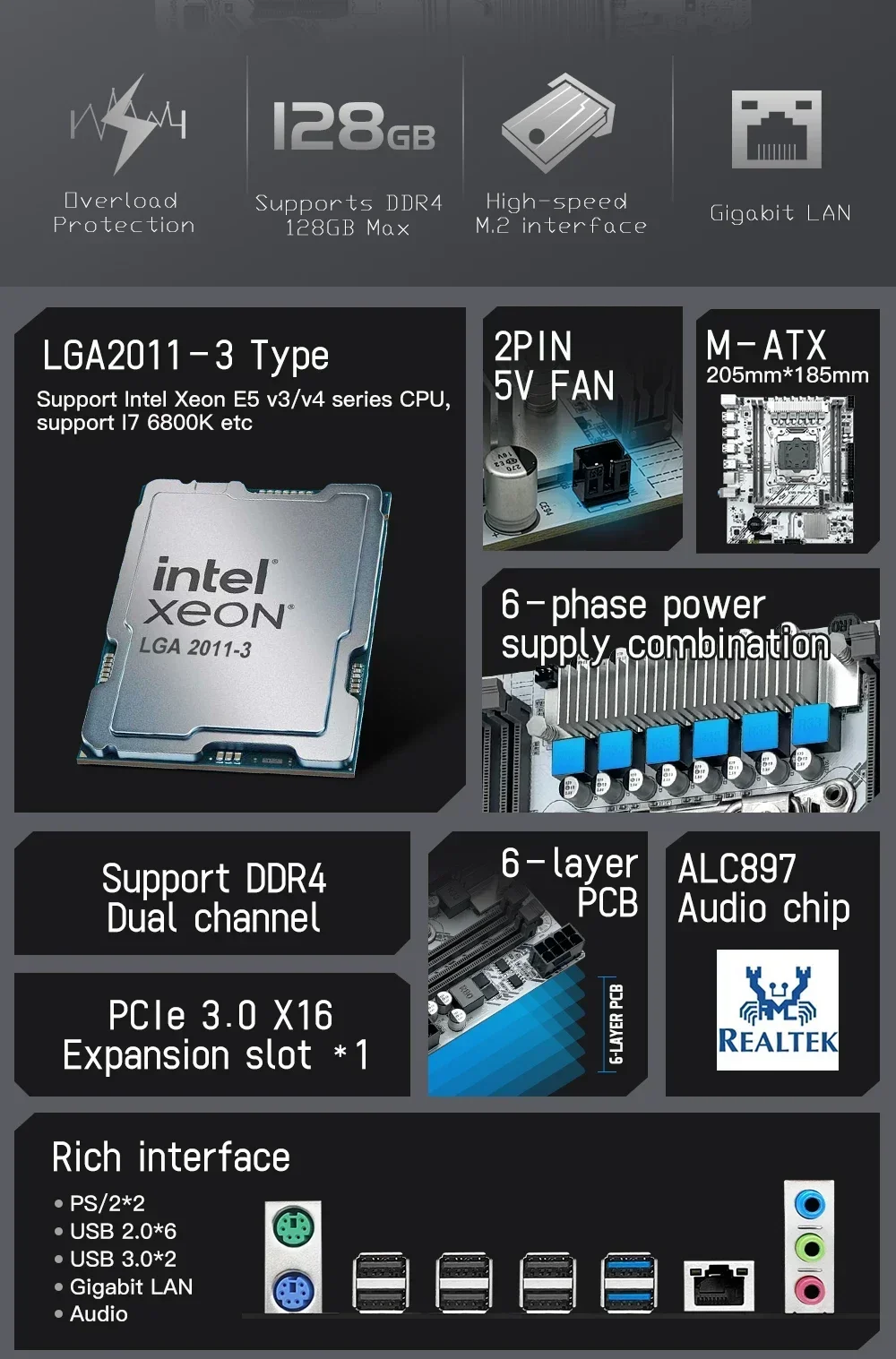 Description Picture 4 of itemMACHINIST PR9-A Xeon X99 motherboard combo LGA 2011-3 E5 2680 V4 CPU + 16GB 2400MHz DDR4 ECC memory kit Support NVME M.2 SATA