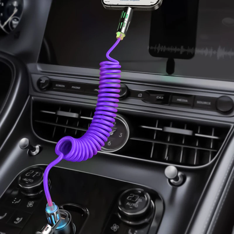 4 in 1 65W 스프링 데이터 케이블 USB C타입 스프링 텔레스코픽 고속 충전기 차량용 휴대폰 케이블, 카플레이 및 하이카 지원 (휴대폰/태블릿용)