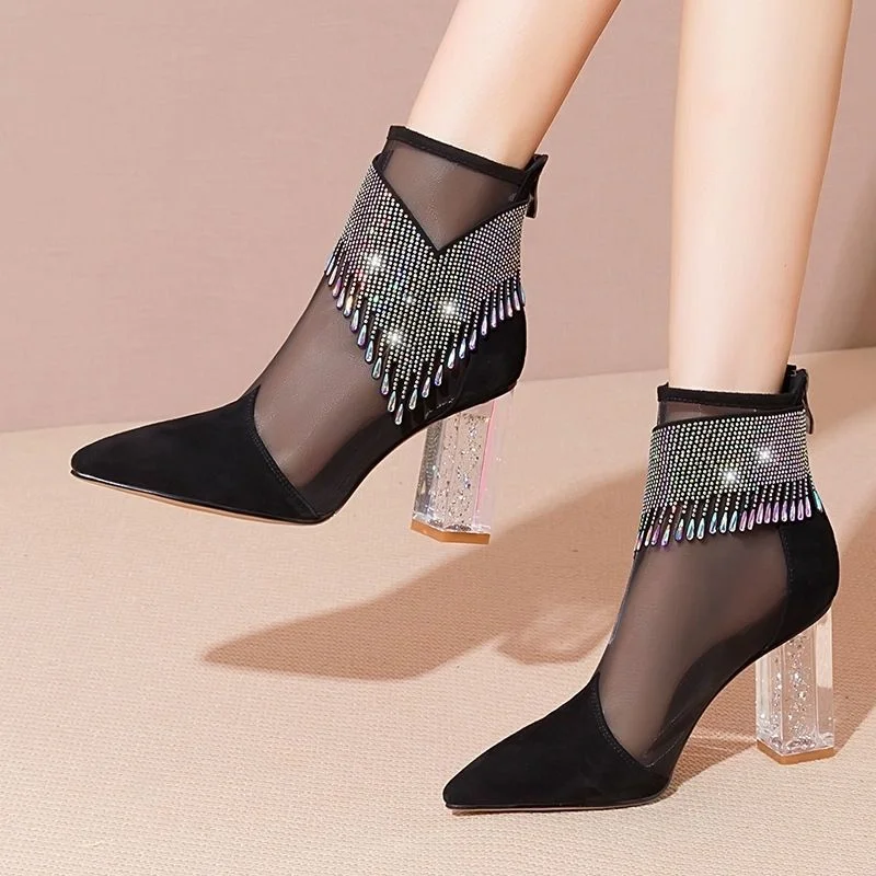 

Summer Fashion Boots Women 2023 New Glitter Rhinestone Ladies Pointed Toe Chunky Heel Shoes Dress Party Female Mesh Sandals