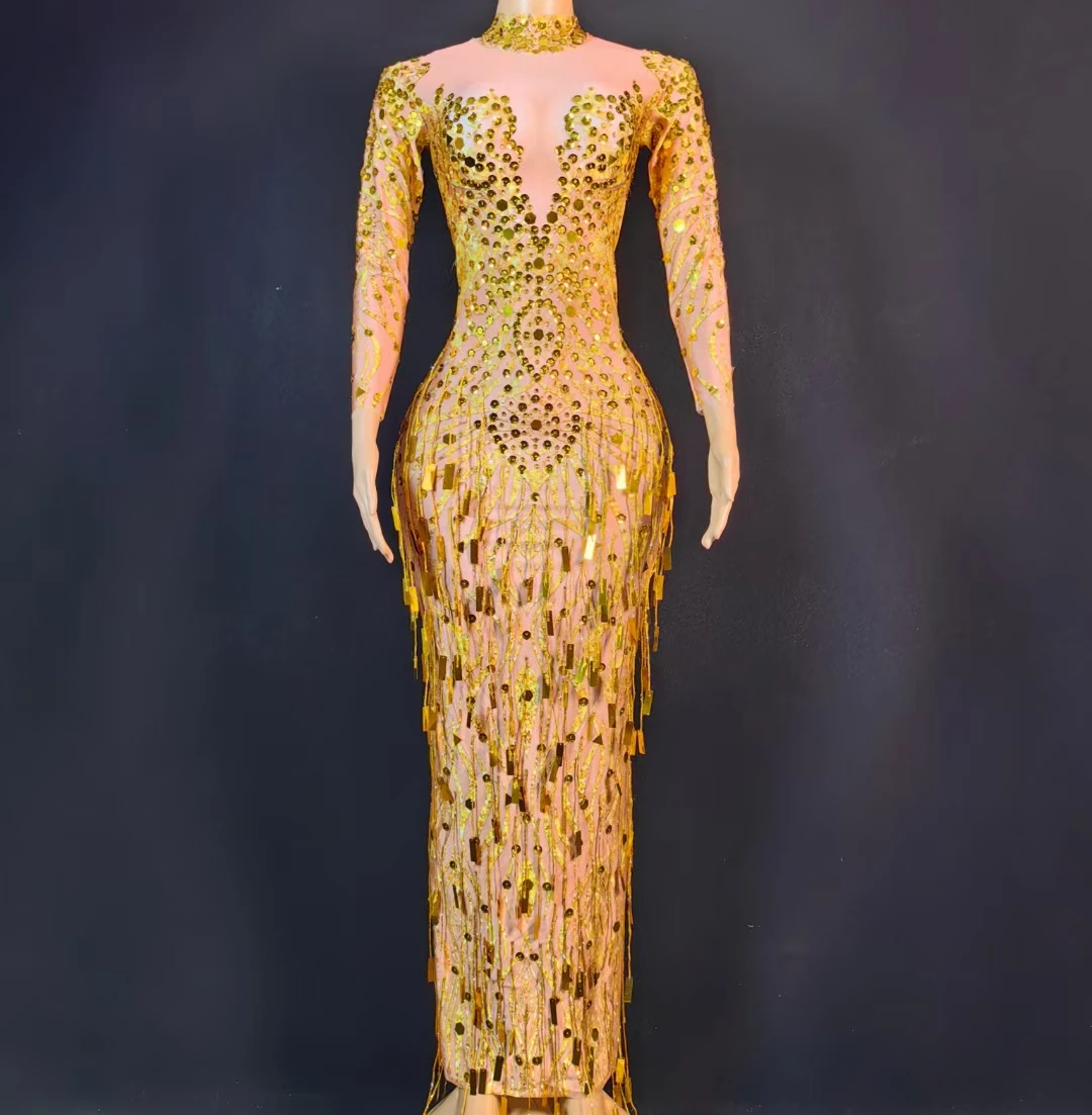 

Sparkly gold Rhinestones Crystal Fringes Wedding Party Dress Ladies Festival stage Costume Bodycon Maxi Club Prom Queen attire