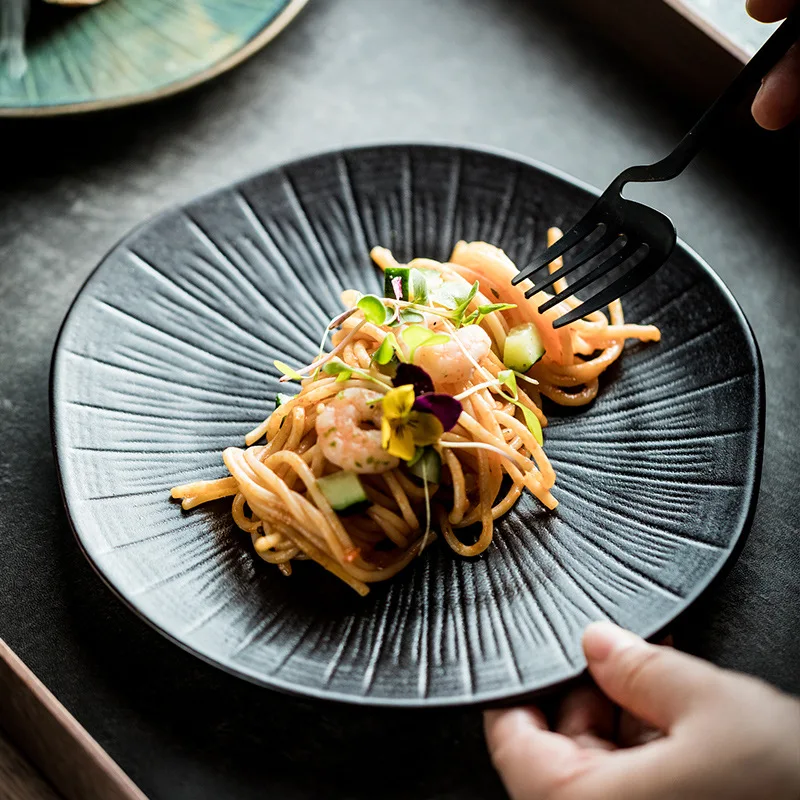 Japanese-Style Ceramic Oak Shallow Plate Restaurant Vintage Western Cuisine Plate round Steak Dessert