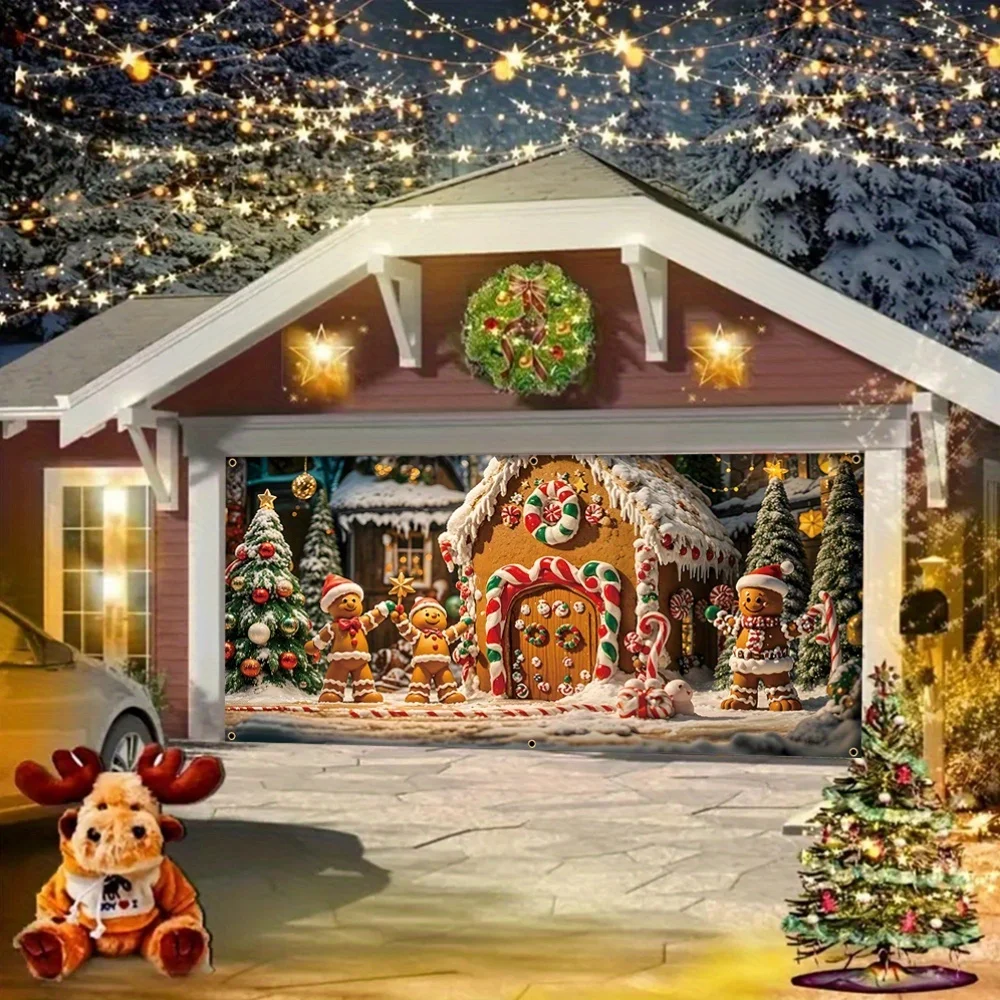 2D-Türbanner, 1 Stück, festliches Weihnachtsbanner für Garagentore aus Polyester – Lebkuchenmann und Süßigkeitenhaus-Design, einfach aufzuhängen – Detail 8