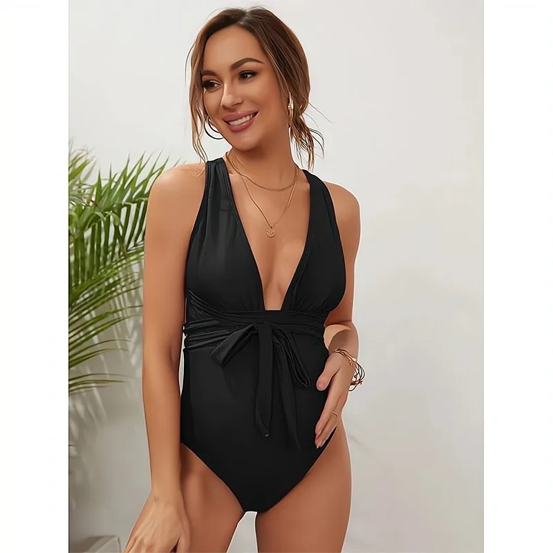 New Maternity Women Solid One Piece Swimwear Sexy Pregnant Women Backless Swimsuit V Neck Summer Beach Wear Premama Bathing Suit