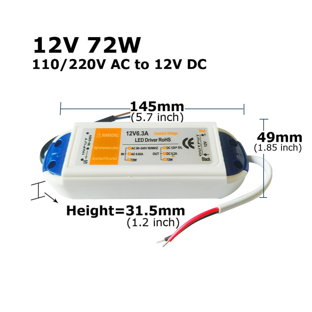 Universal 12V LED Driver Power Supply for LED Strip Lighting - 18W to 100W