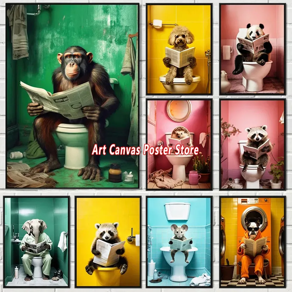 

Chimpanzee Elephant Panda Animal Posters Print Funny Art Wall Pictures Canvas Painting for Bathroom Toilet Room Home Decor Gift