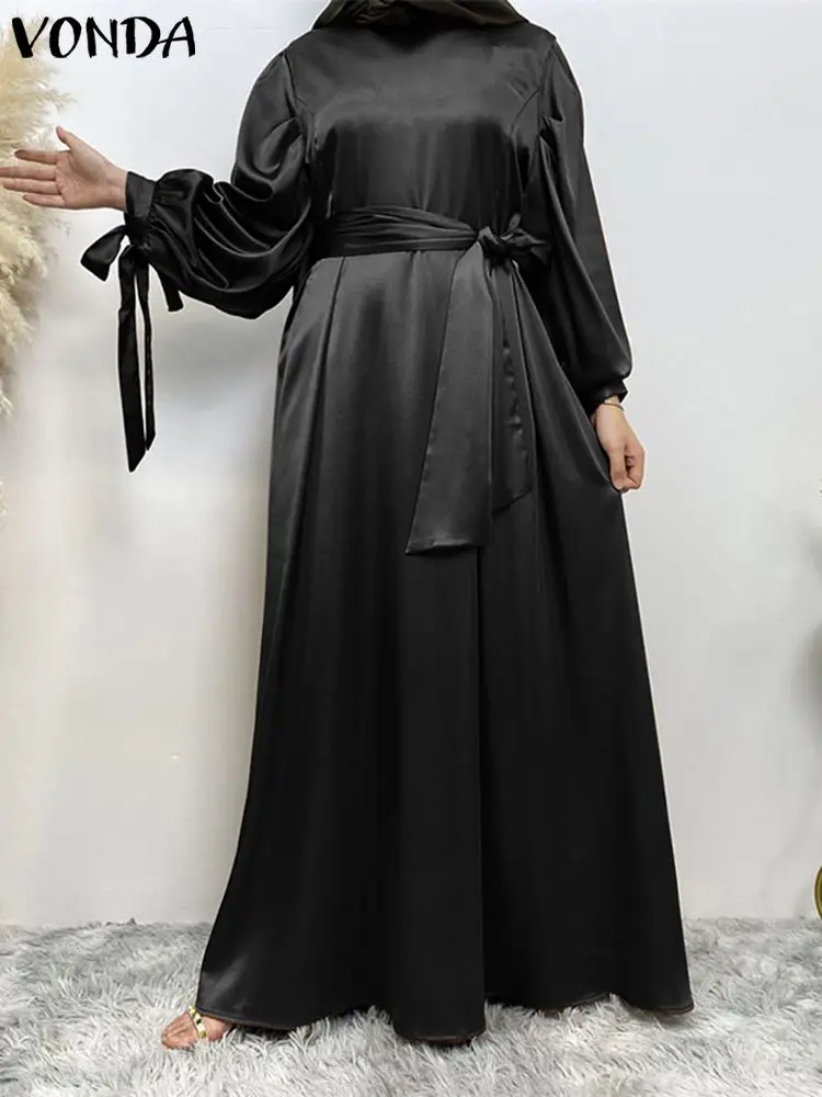 

VONDA Women Elegant Maxi Dress 2024 Sexy Long Sleeve Satin Party Wedding Dress Stand Collar Loose Vestidos Solid Color Sundress