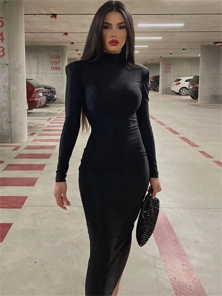 WJFZQM Fall Casual Streetwear Halloween Costumes Women Fashion Turtleneck Long  Sleeves Black Bodycon Maxi Dress Sexy Y2K Clothes