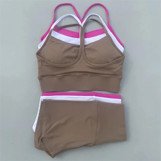 Ensemble de Yoga pour vélo de gymnastique, couleur unie, Legging court + soutien-gorge de sport croisé Y, survêtement athlétique pour femmes, entraînement complet, Jogging 1