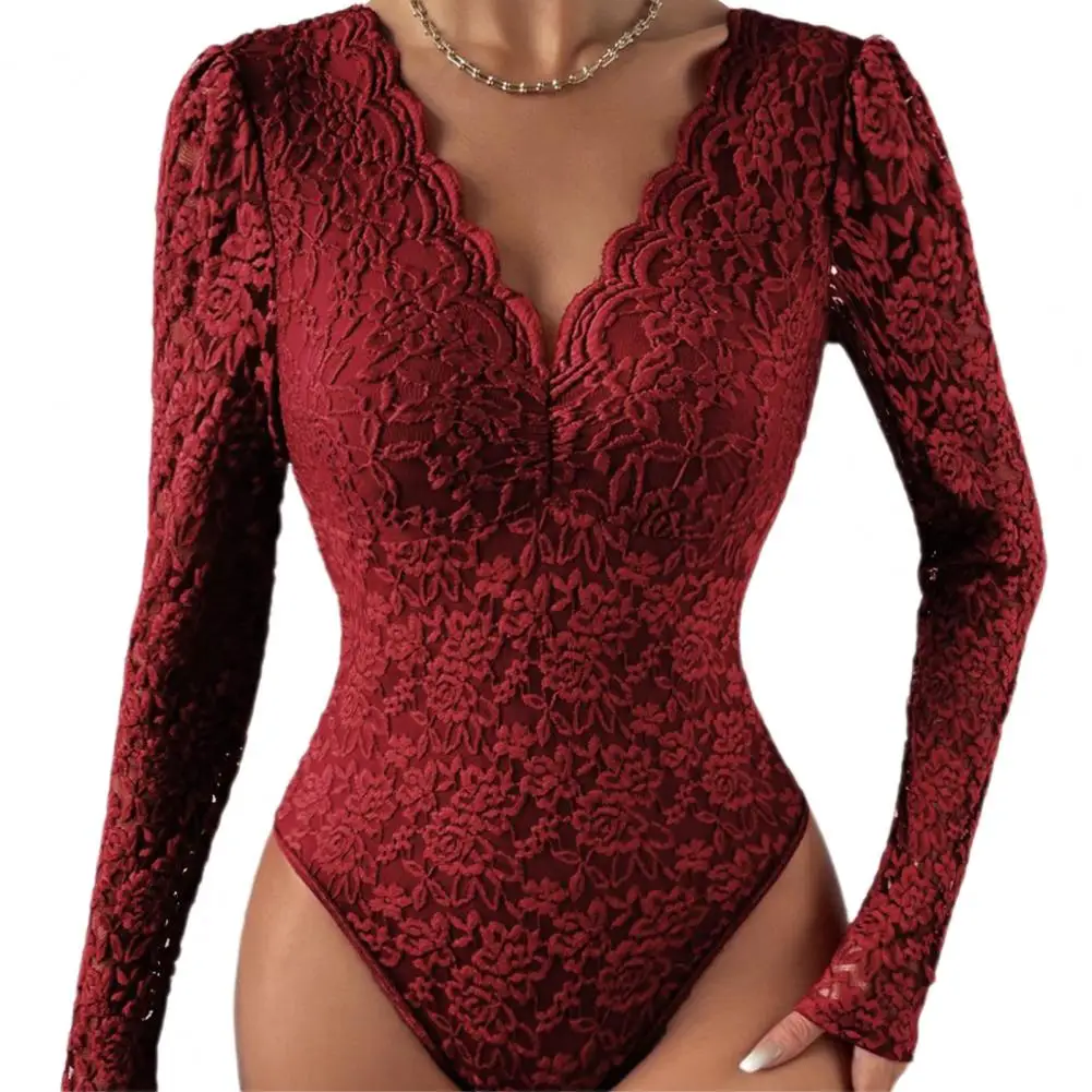 Slim Fit Bodysuit Elegant Lace Embroidered Bodysuit Deep V Neck Long Sleeve Playsuit Women's Slim Fit Spring Romper Lace