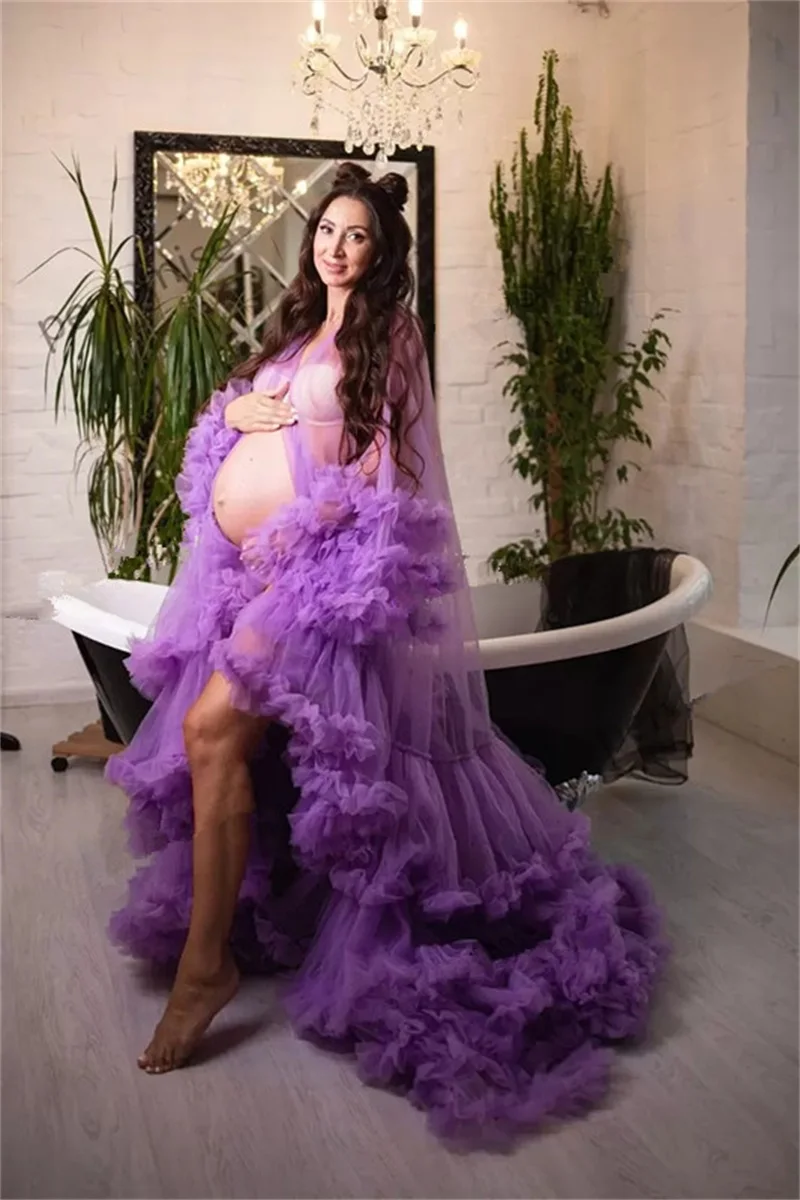 Ruffles Tulle Maternity Dresses For Photoshot Pregnant Evening Dress Long Sleeves Plus Size Sheer Prom Gown Sleepwear Robe ruffles tulle maternity dresses for photoshot pregnant evening dress long sleeves plus size sheer prom gown sleepwear robe