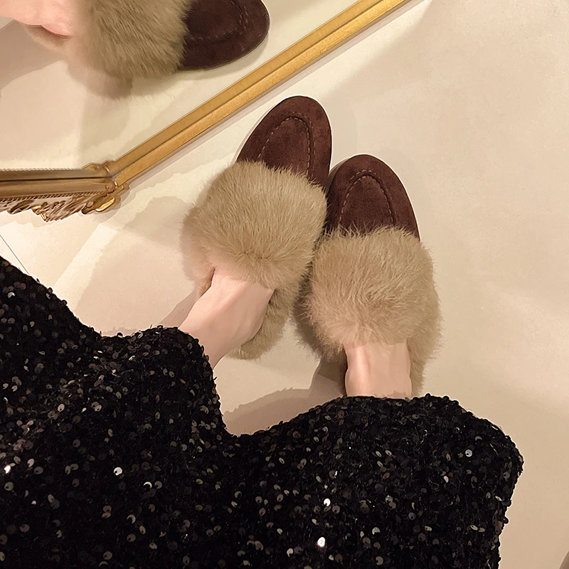 Aphixta New Warm Winter Slippers Women Slippers Furry Round Toe Shoes Indoor Flat Heel Hair Slides zapatos de mujer pantunflas