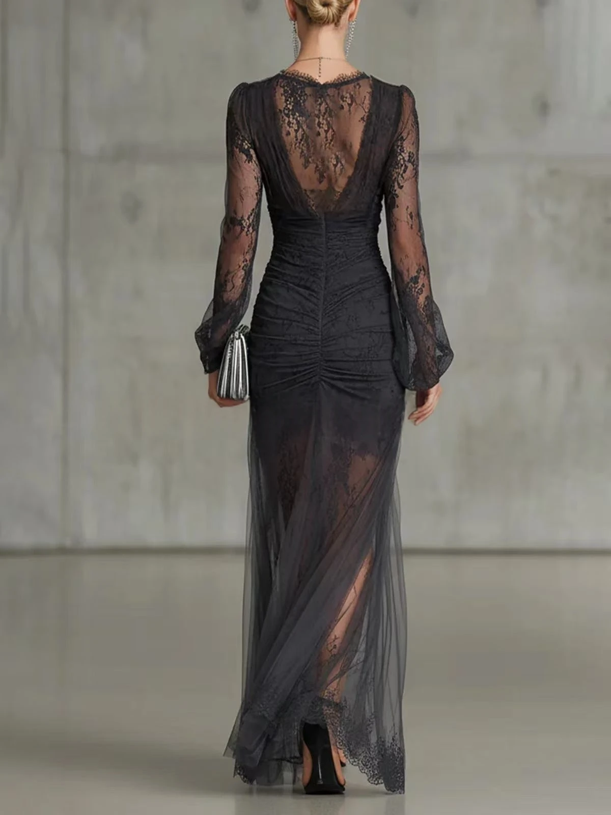 Black Lace Evening Dress V Neck Full Sleeves A Line Mermaid Prom Formal Occasion Dress Elegant Party Dresses Gowns