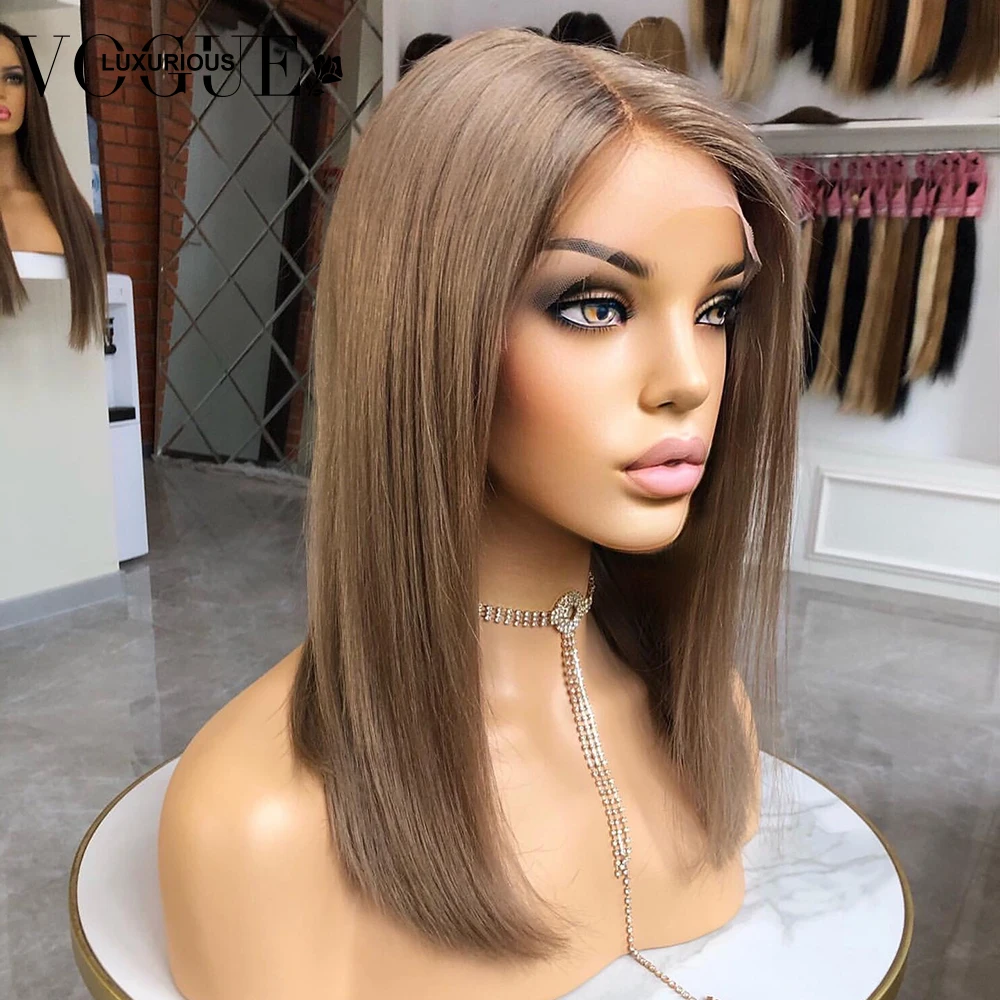 女性用ウィッグ　スタンド付　ブラウン ダスティアッシュブロンドウィッグ人毛すぐに着用可能 4x4