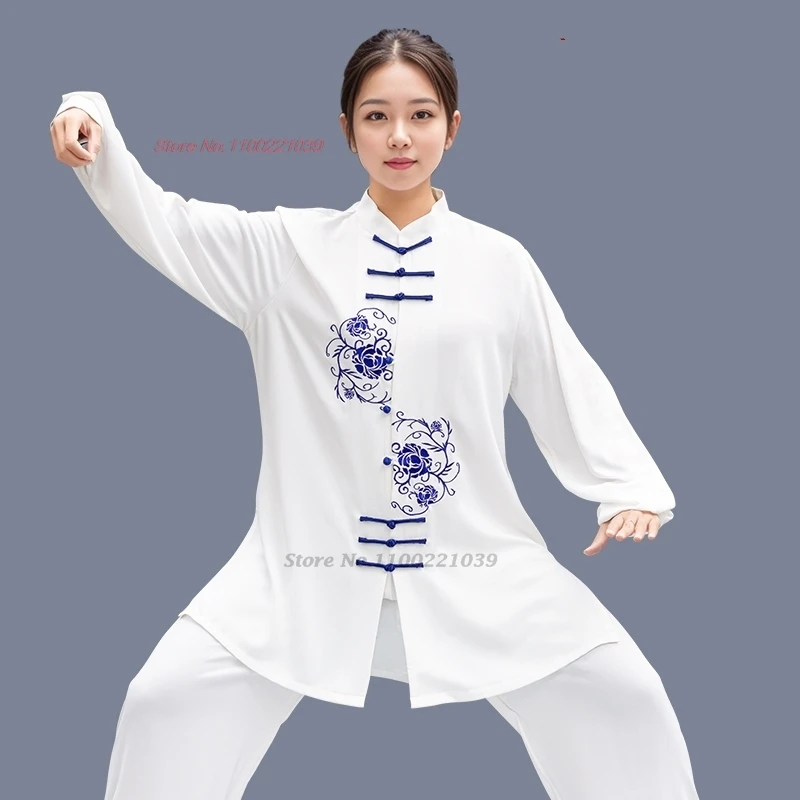 

2024 chinese tai chi wu shu kung fu uniform national flower embroidery shaolin practice traditional martial arts wing chun suit