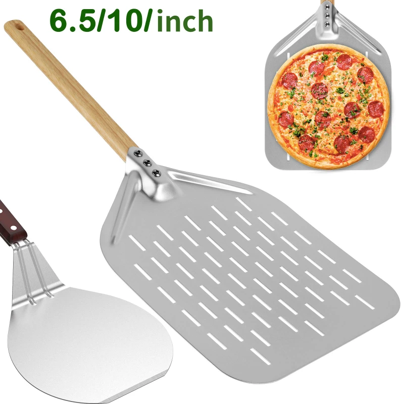 6.5/10inch Pizza Shovel Metal Non-Stick Pizza Peel with Wood Handle Cake Lifter Transfer Tray for Homemade Baking Bread