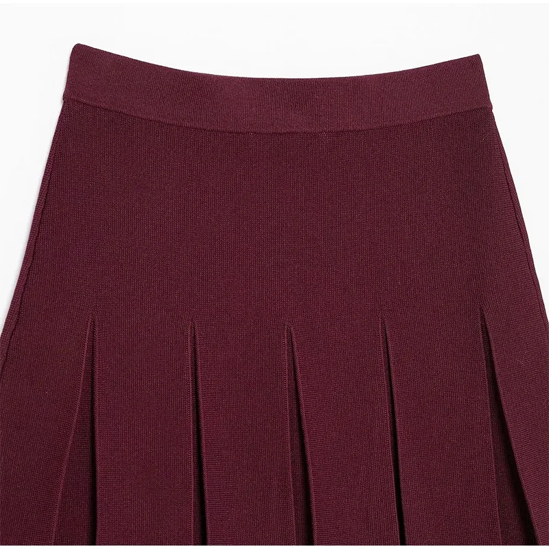 _ Women Skirts 2 Piece Set Burgundy Knitted Lapel Long Sleeve Button Cardigans Pleat High Waist A-line Skirt 2025 Lady Outfits