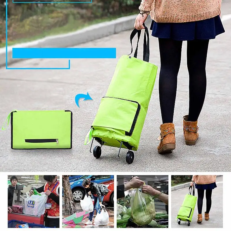 

2 In 1 Foldable Shopping Pull Cart Trolley Bag With Wheels Vegetables Organizer Reusable Waterproof Large Capacity Grocery Bag