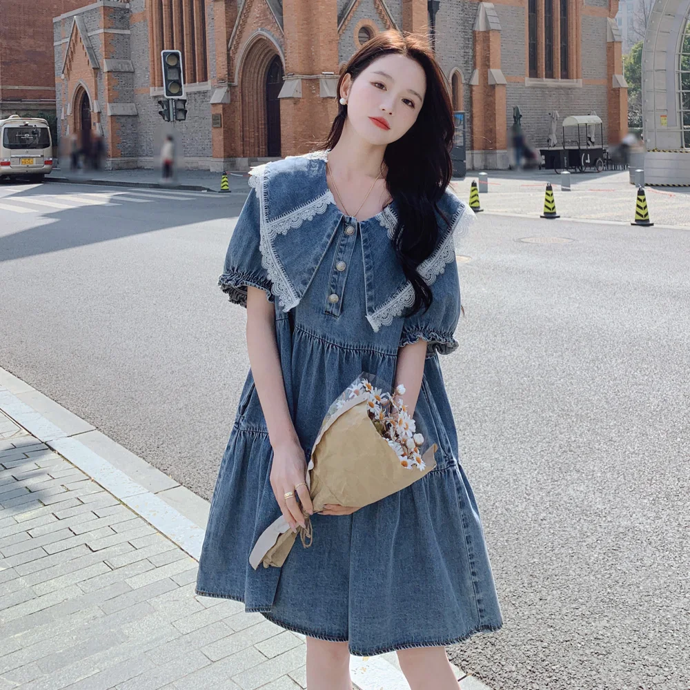 

2024 Summer Thin Lace Spliced Dennim Dress for Women Sweet Chic Loose Short Sleeve A-line Casual Cowboy Dresses Female 1893
