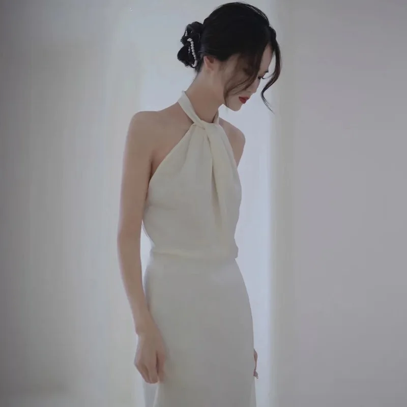 

Elegant Sheath Backless Wedding Dresses For Women Stain Simple Bridal Gown Sleveless Korea Style robe de mariée vestido de noiva