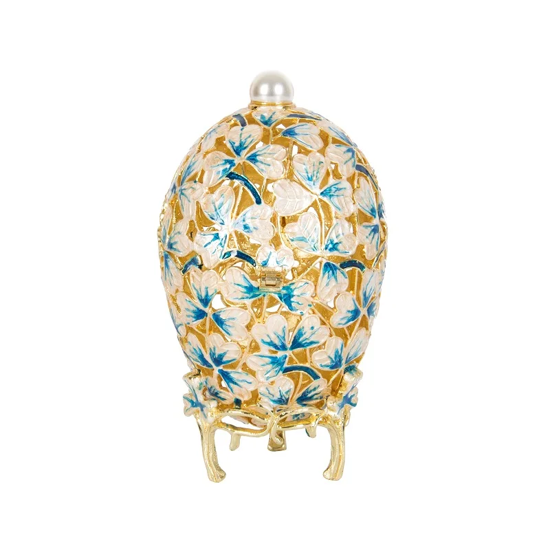 QIFU Beautiful Hollow White Leaf Faberge Egg Jewelry Trinket Box Crafts Decor