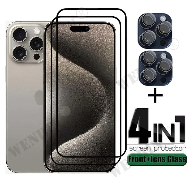 

9HD 4 in 1 For iPhone 15 Pro Max Plus 14 13 12 11 Pro Max Plus Mini Screen Protector Full Protective Glass+lens protector