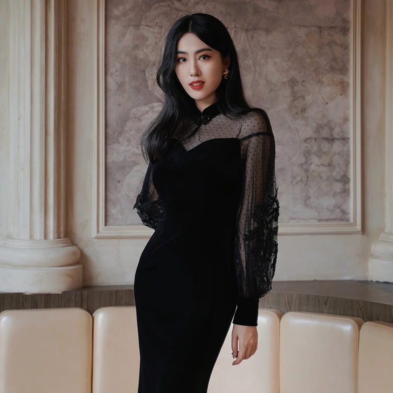 

SIMEIZI Hanfu Toast Clothes Black Sexy Dress Women's Clothing 2023 New Year Autumn and Winter High-end Velvet Cheongsam Dress