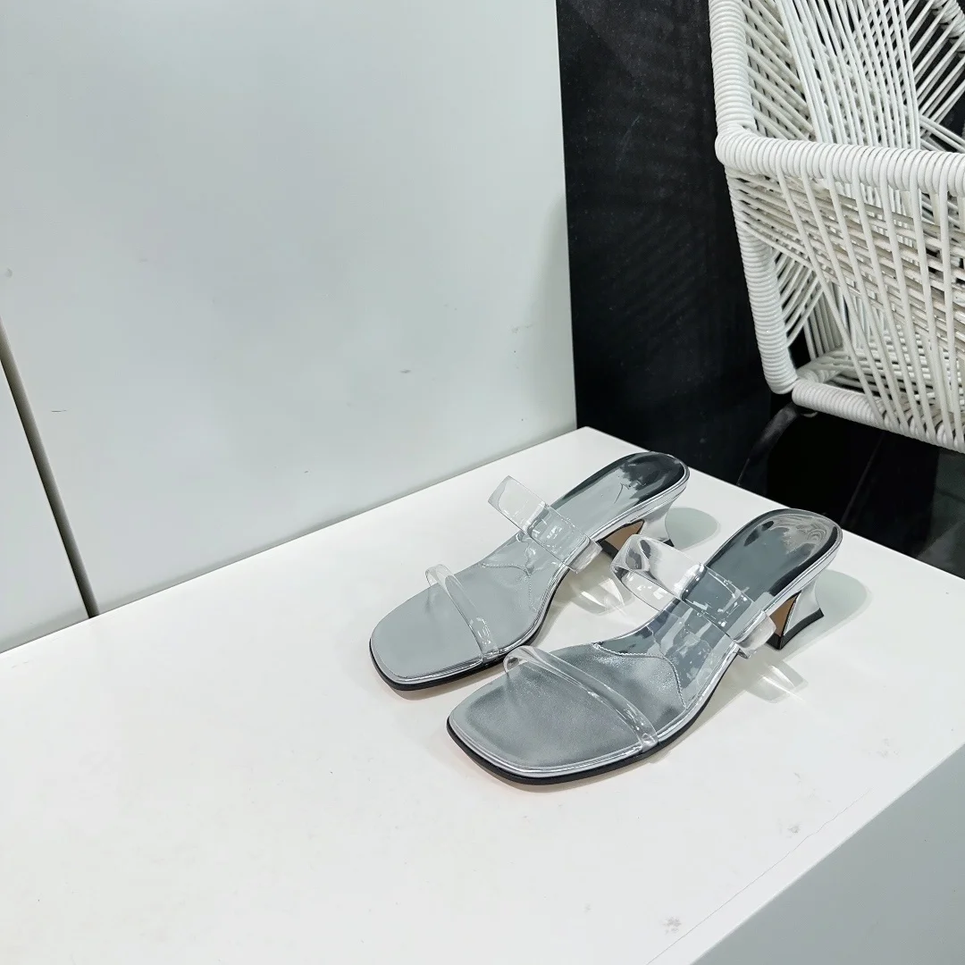 Summer New Fashionable Square Headed Middle Heel Slippers for Women, Genuine Leather Sole, Thick Heel, Open Toe Slippers