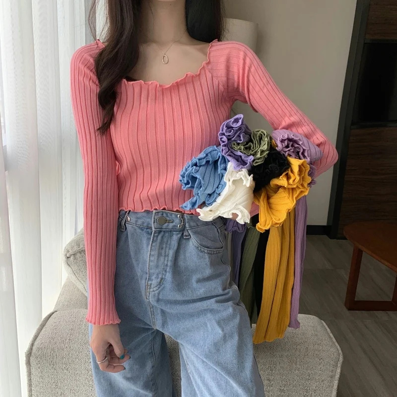 spring Autumn crop top Long Sleeve Sweater Women Pullovers Solid Knitted Sweater fashion sexy slim Wave Cut Basic Bottoming Tops brown cardigan