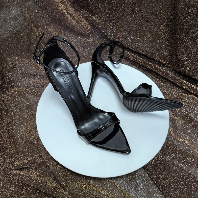 Women Naked pointed thin heel summer patent leather one-piece buckle sandals exposed toes women sandals