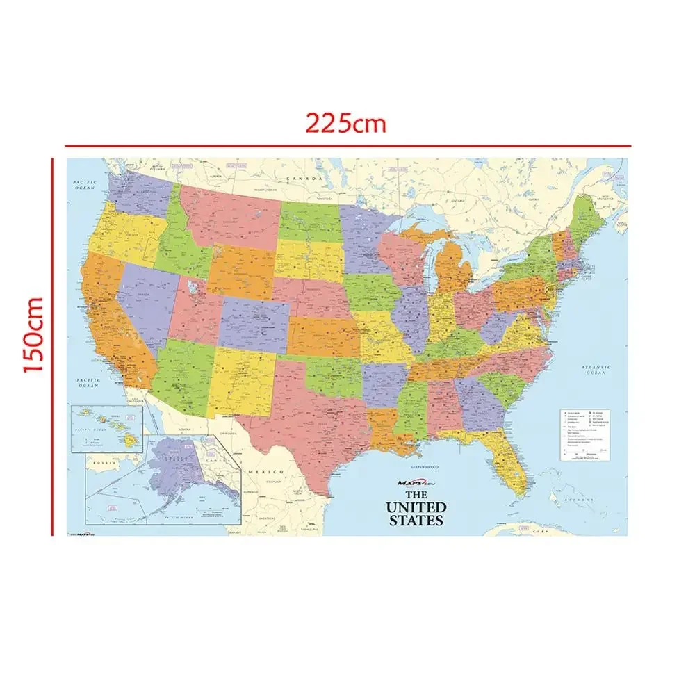 225*150 Cm The United State Map Non-woven Canvas Printing Detailed Map Large Poster Education Supplies Home Decoration world map poster