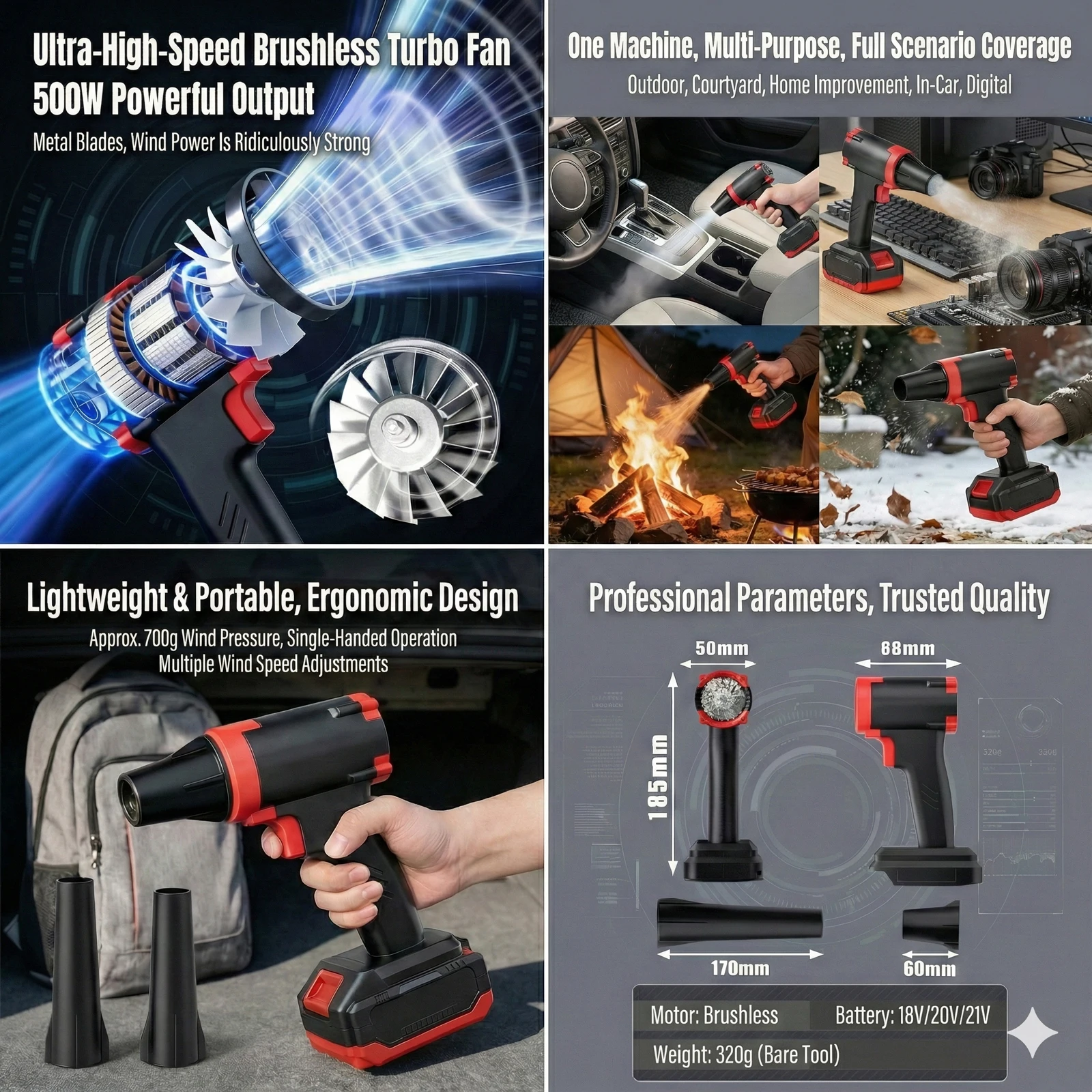 FIIZREAL Brushless Turbo Fan F 40, 500W High Power Handheld Air Blower for Car and PC Dust Removal, Battery Not Included - Image 6